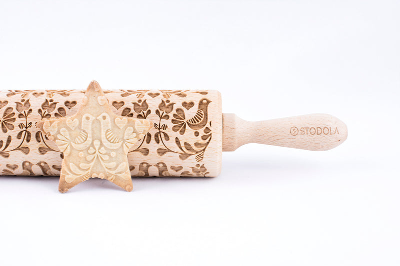 Rolling Pin Embossed with FOLK DOVES Pattern for Baking Engraved Cookies Size Large 16.9 inch
