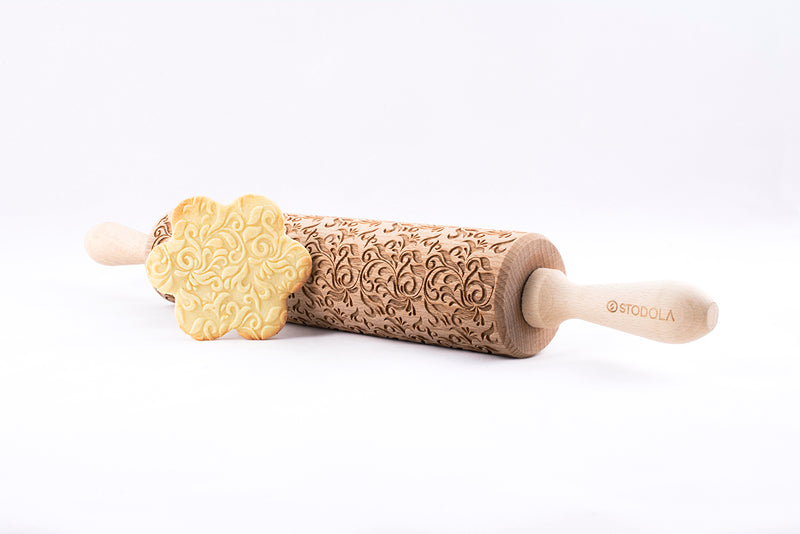 Floral engraved rolling pin, embossed handmade rolling pin for