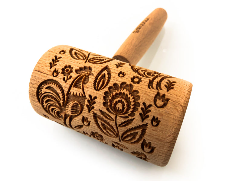 Rolling Pin Embossed With FOLK ROOSTER Pattern For Baking Engraved cookies Size Roller 4 inch