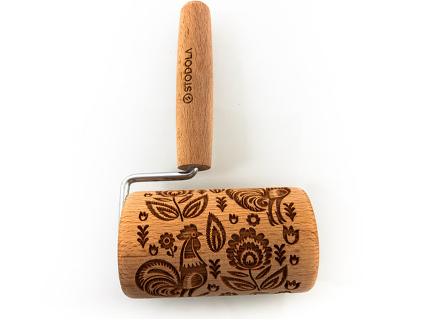 Rolling Pin Embossed With FOLK ROOSTER Pattern For Baking Engraved cookies Size Roller 4 inch